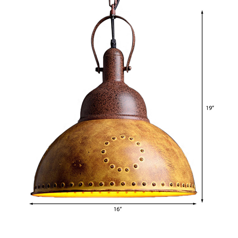 Domed Restaurant Hanging Ceiling Light Antique Style Wrought Iron 1 Light Yellow Pendant Lamp with Rivets