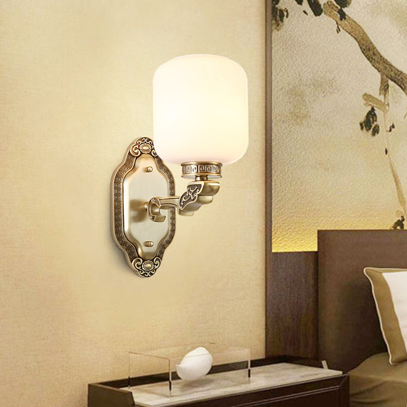 White Glass Brass Wall Sconce Cylinder 1-Light Farmhouse Wall Mounted Lamp for Drawing Room