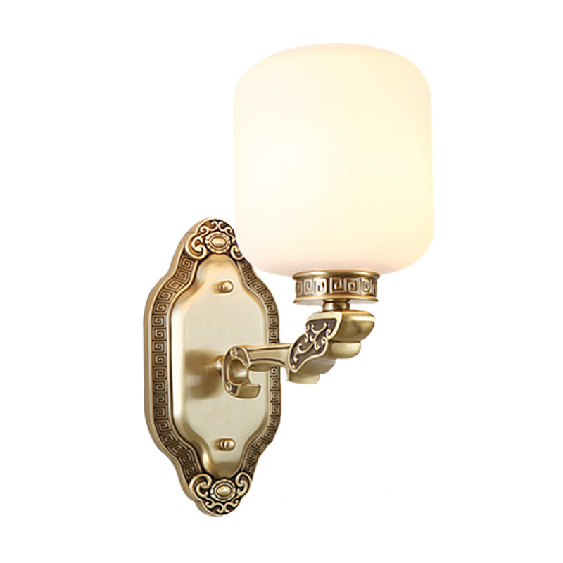 White Glass Brass Wall Sconce Cylinder 1-Light Farmhouse Wall Mounted Lamp for Drawing Room