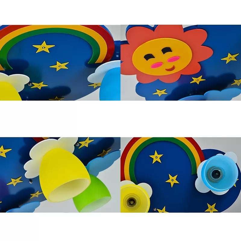 Kids Sun & Rainbow Flush Mount Light Wood Multi-Color Ceiling Lamp for Child Bedroom