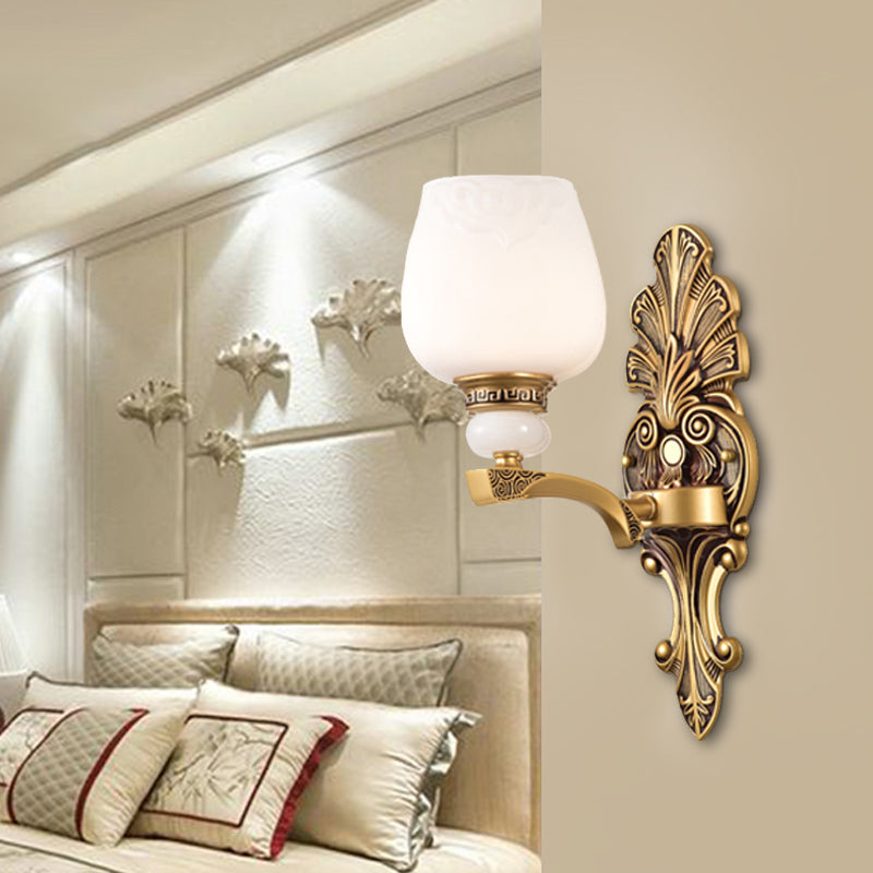 Brass 1/2 Heads Wall Mount Lamp Antiqued White Glass Cup Shape Wall Sconce Lighting for Bedroom