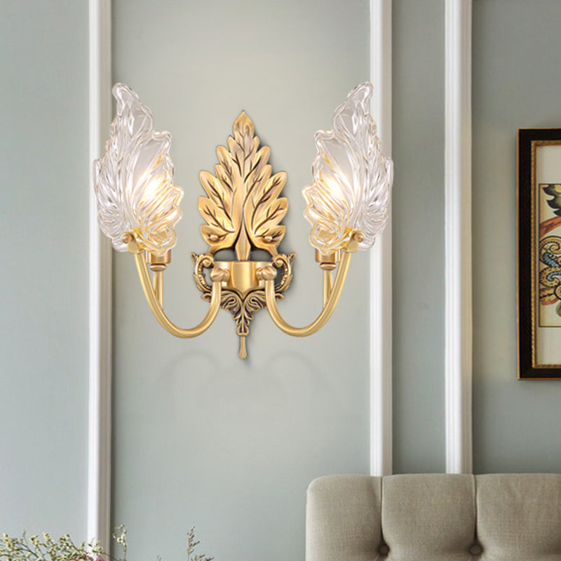 Lampada con foglie di palme tradizionale 1/2 luci trasparenti l'illuminazione della parete di vetro con braccio arcuato in ottone