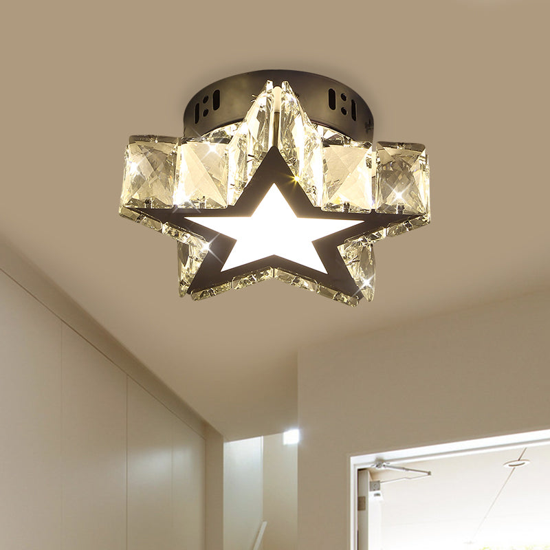 LED Hallway Flush Light Fixture Modern Chrome Close to Ceiling Lighting with Star/Loving Heart Crystal Prisms Shade