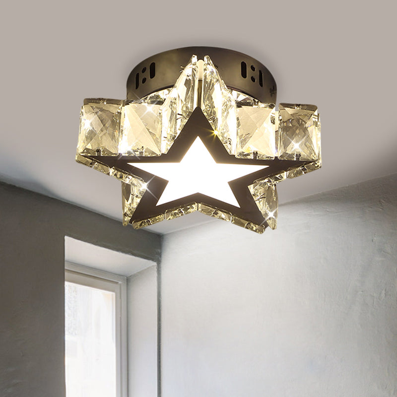 LED Hallway Flush Light Fixture Modern Chrome Close to Ceiling Lighting with Star/Loving Heart Crystal Prisms Shade