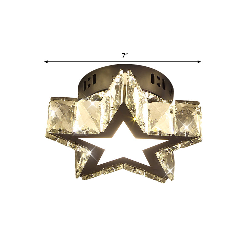 LED Hallway Flush Light Fixture Modern Chrome Close to Ceiling Lighting with Star/Loving Heart Crystal Prisms Shade