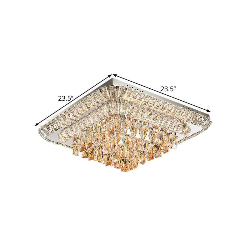 LED Square Flush-Mount Light Fixture Modern Crystal Block Close to Ceiling Lighting in Chrome