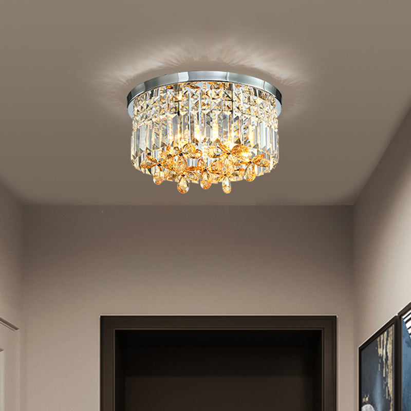 10"/15.5" Wide Chrome Cylinder Flush Light Modern Crystal Prisms LED Close to Ceiling Lighting Fixture for Doorway
