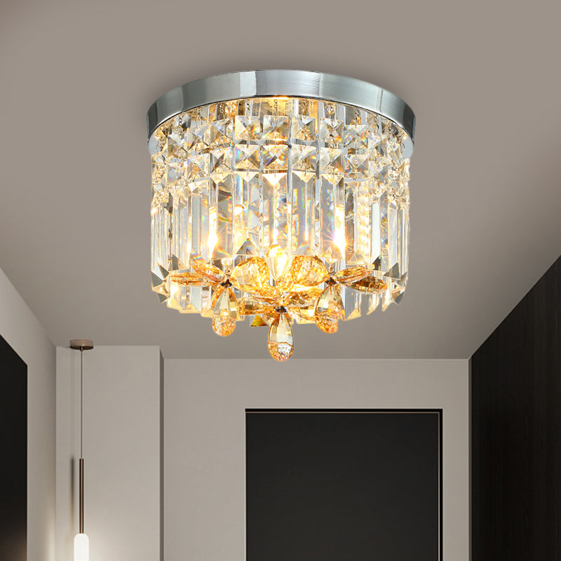 10"/15.5" Wide Chrome Cylinder Flush Light Modern Crystal Prisms LED Close to Ceiling Lighting Fixture for Doorway