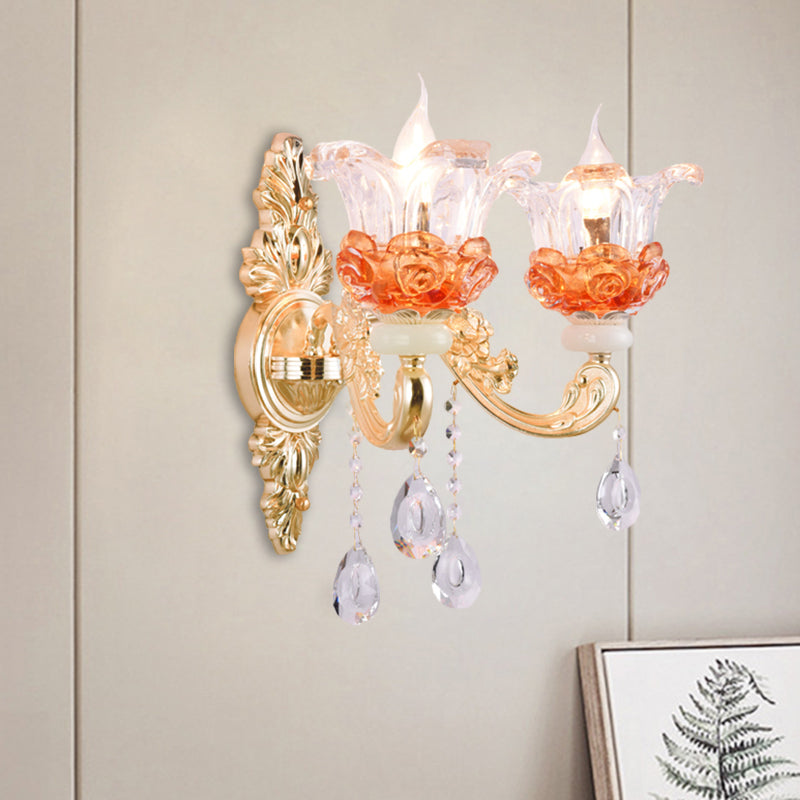 1/2-Light Blossom Wall Mount Lamp Modern Style Clear Crystal Wall Lighting in Gold for Staircase