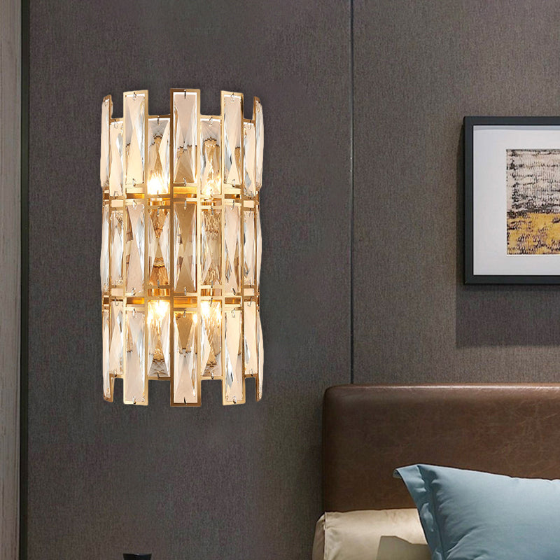 Cylinder Surface Wall Sconce Modern Crystal Rectangle 11"/17" Wide 2/4 Lights Gold Wall Mounted Lighting