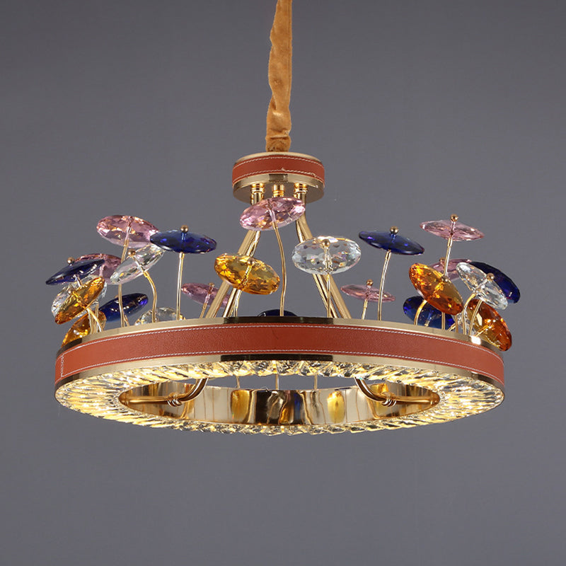 Red Hoop Kronleuchter Anhänger helles Makkaronkristallschlafzimmer 19,5 "/23,5" W LED Hängende Lampe mit farbenfrohen Pilzdekoration