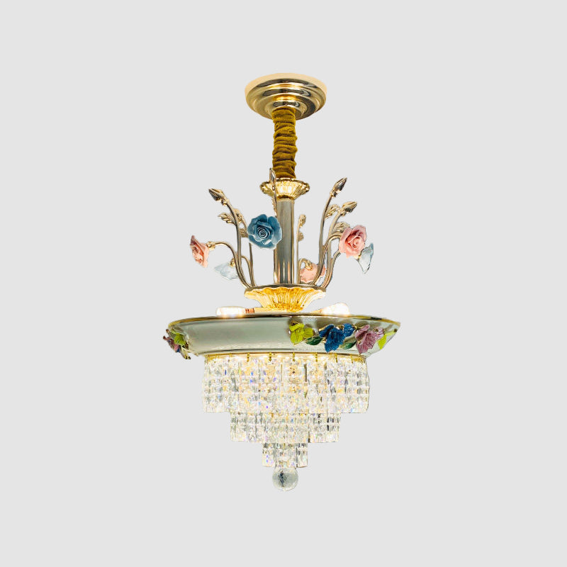14 "/17" W Antiqued Letters Kroonluchter 2-licht gesneden kristaldruppel lamp met handgemaakte rozentrim in blauw/beige