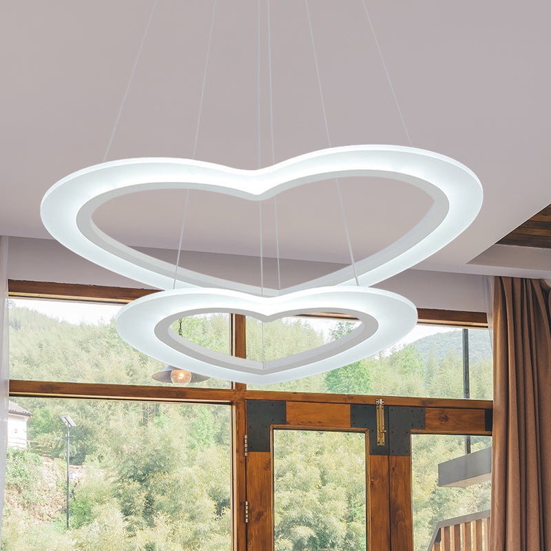 Heart-Shaped Chandelier Light Simple Acrylic LED 1/2/3-Head Living Room Ceiling Drop Pendant in Warm/White Light