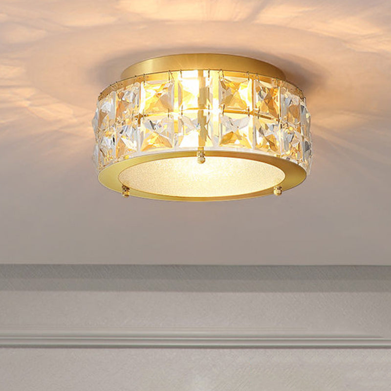 Brass Round Small Ceiling Light Postmodern Beveled Crystal 2-Light Bedroom Flush Mount Lamp