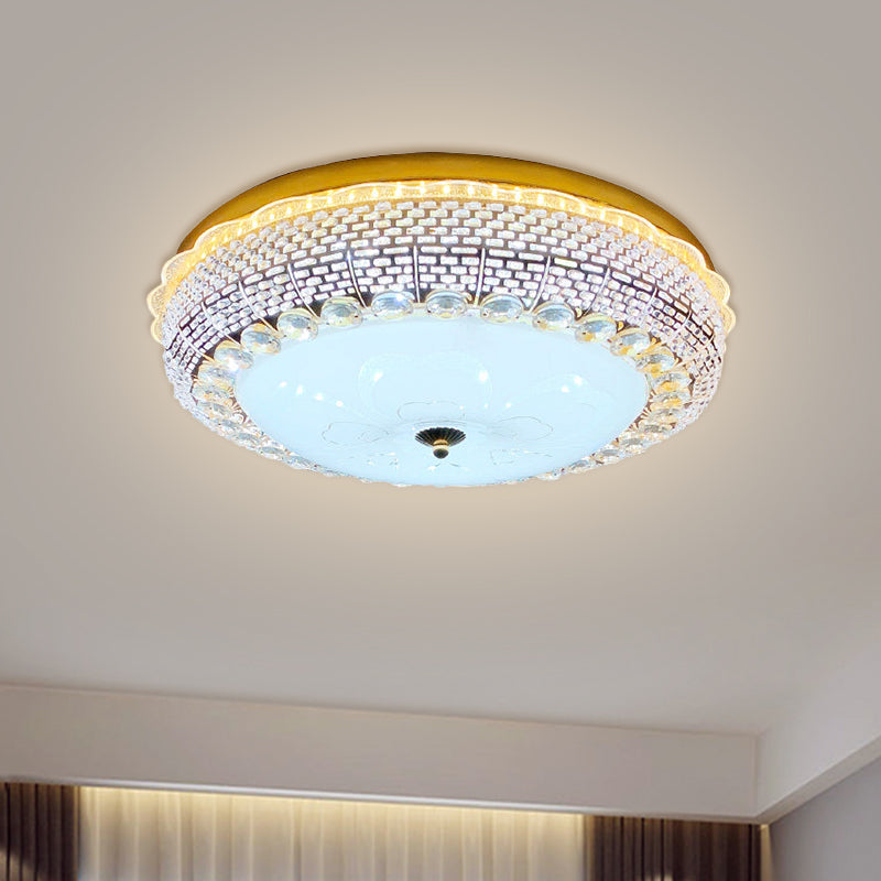 Gold Drum Ceiling Flushmount Lamp Modern Crystal Embedded Bedroom LED Flush Mount with Fishscale/Net Design