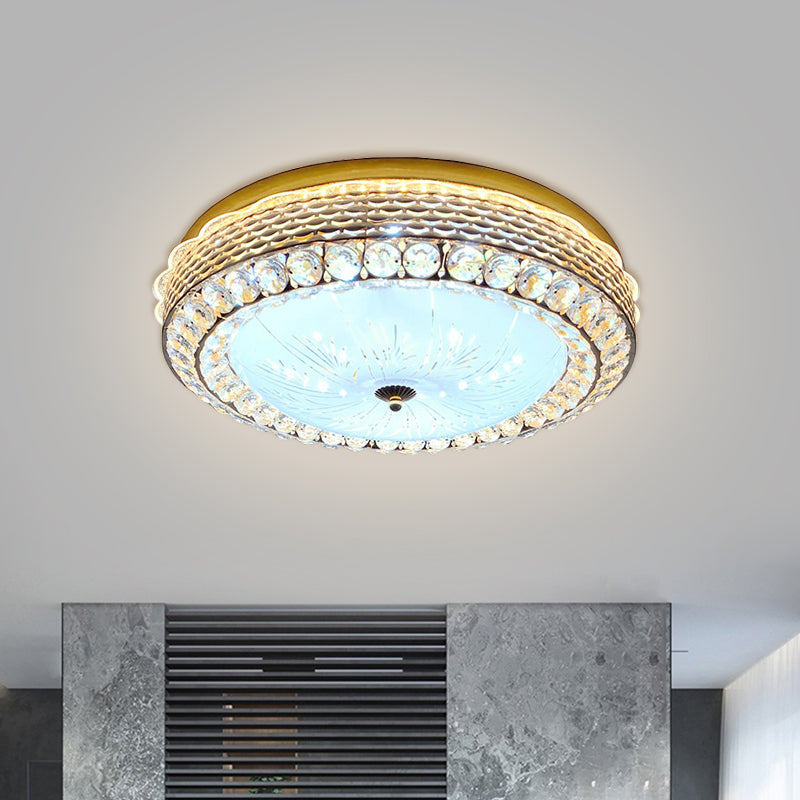 Gold Drum Ceiling Flushmount Lamp Modern Crystal Embedded Bedroom LED Flush Mount with Fishscale/Net Design
