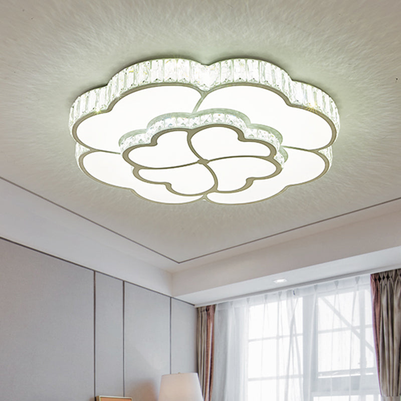 2-Layer Clover Crystal Flush Light Modern Style Bedroom LED Ceiling Lamp in White, 16"/19.5" Wide