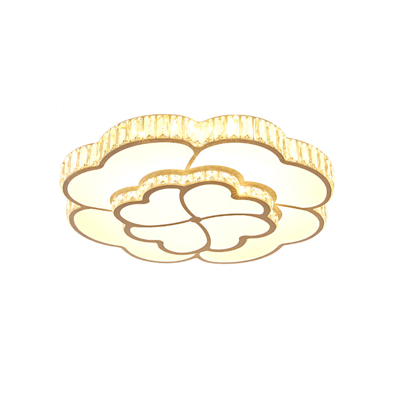 2-Layer Clover Crystal Flush Light Modern Style Bedroom LED Ceiling Lamp in White, 16"/19.5" Wide