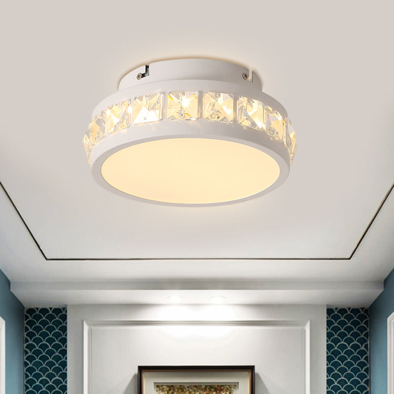 Round Corridor Ceiling Lamp Simple Beveled Crystal Embedded White LED Flush Mounted Light
