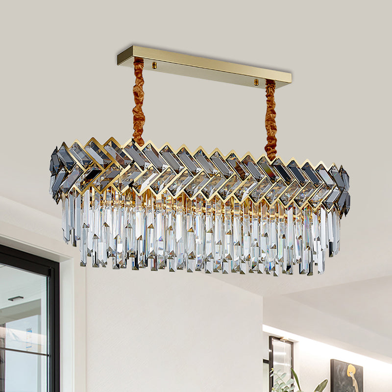 Crystal Ellipse Island Pendant Light Modern Style 10-Bulb Dining Room Suspension Lighting in Black-Gold