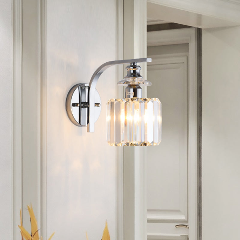 1 Bulb Wall Mount Lamp Modern Living Room Sconce Light with Cone/Cylinder Crystal Shade in Chrome