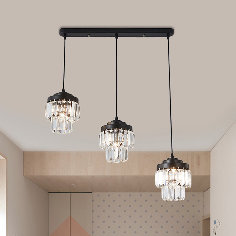 3 Köpfe 2-Tier-Cluster-Anhänger moderner schwarzes, klares Kristallprisma Hängenlampe mit runden/linearen Baldachin