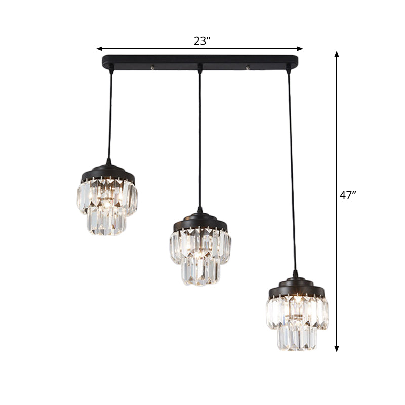 3 Köpfe 2-Tier-Cluster-Anhänger moderner schwarzes, klares Kristallprisma Hängenlampe mit runden/linearen Baldachin