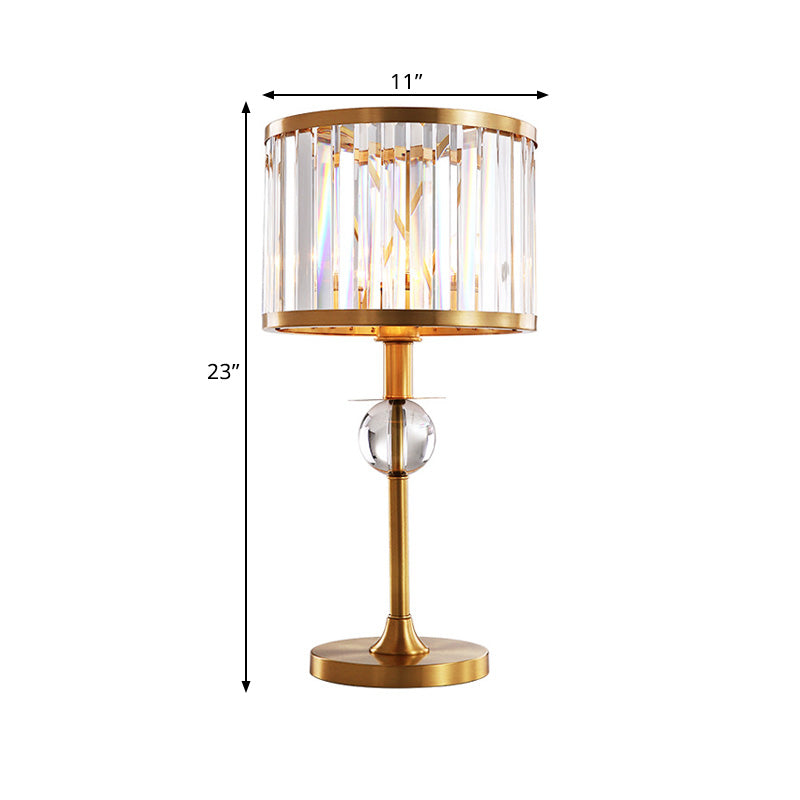 Brass 1 Head Night Table Light Post-Modern Prismatic Crystal Drum Shade Nightstand Lamp
