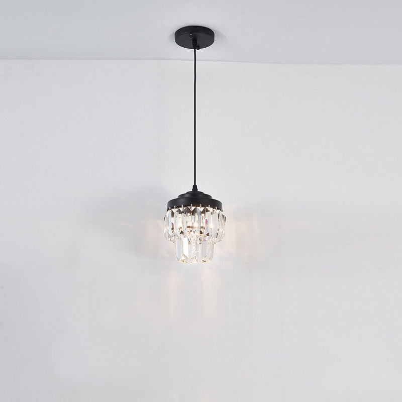 2 Tiers Crystal Pendant Light Modern 1 Bulb Corridor Ceiling Suspension Lamp in Black/Gold