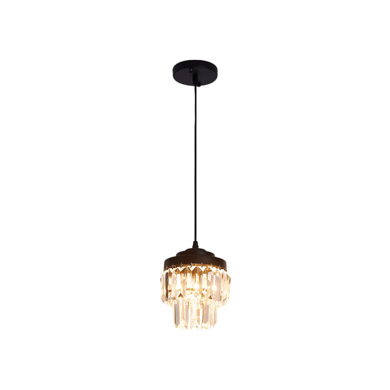 2 Tiers Crystal Pendant Light Modern 1 Bulb Corridor Ceiling Suspension Lamp in Black/Gold