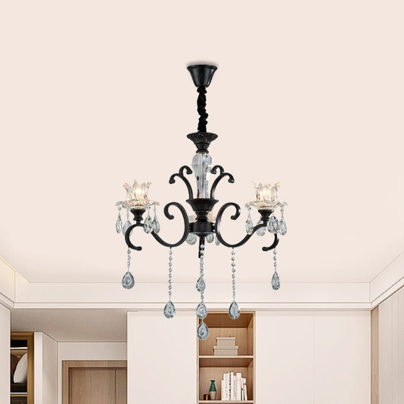 3/6 hoofden wervelde arm kroonluchter traditionele zwarte metalen hangende lamp met heldere kristallen tulpenschaduw