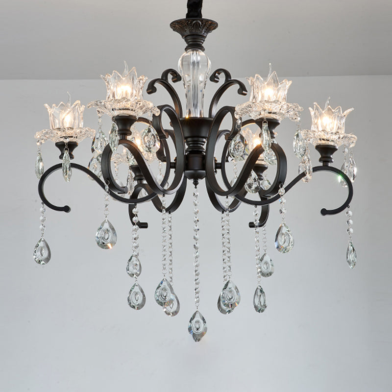 3/6 têtes tourbillonnage du bras tourbillonnant lampe à suspension de métal noir traditionnel avec une nuance de tulipe en cristal transparent