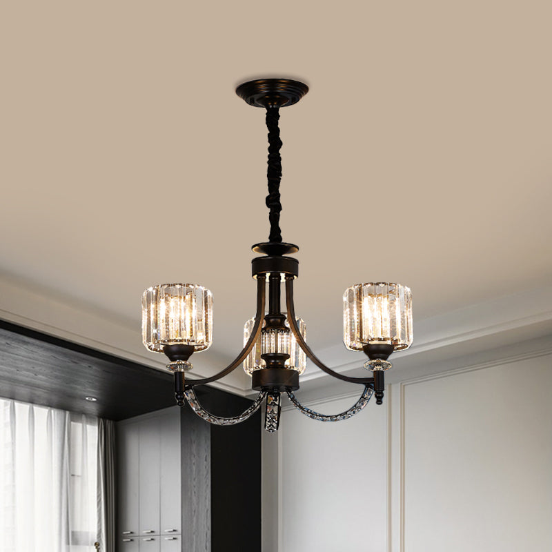3/6 bollen Suspensie Licht Traditionele cilindrische schaduw Duidelijk kristal plafond kroonluchter met zwarte arm