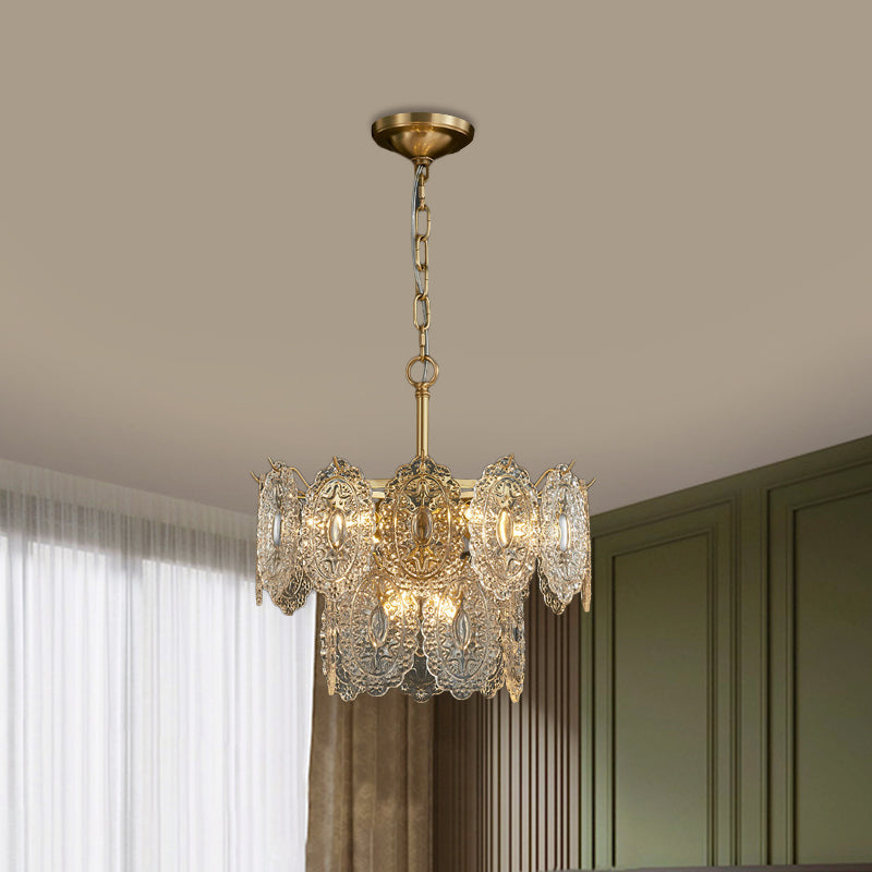 5/7 teste pannelli cristallini in rilievo lampada lampadario moderno tettoia dorata in oro lettiera a pendente a pendente, 15,5 "/19.5" W.