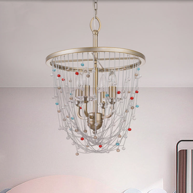 Kaarsen woonkamer kroonluchter moderne metaal 4 koppen goud hangende verlichting met kristal kraal streng decor, 15,5 "/23.5" w