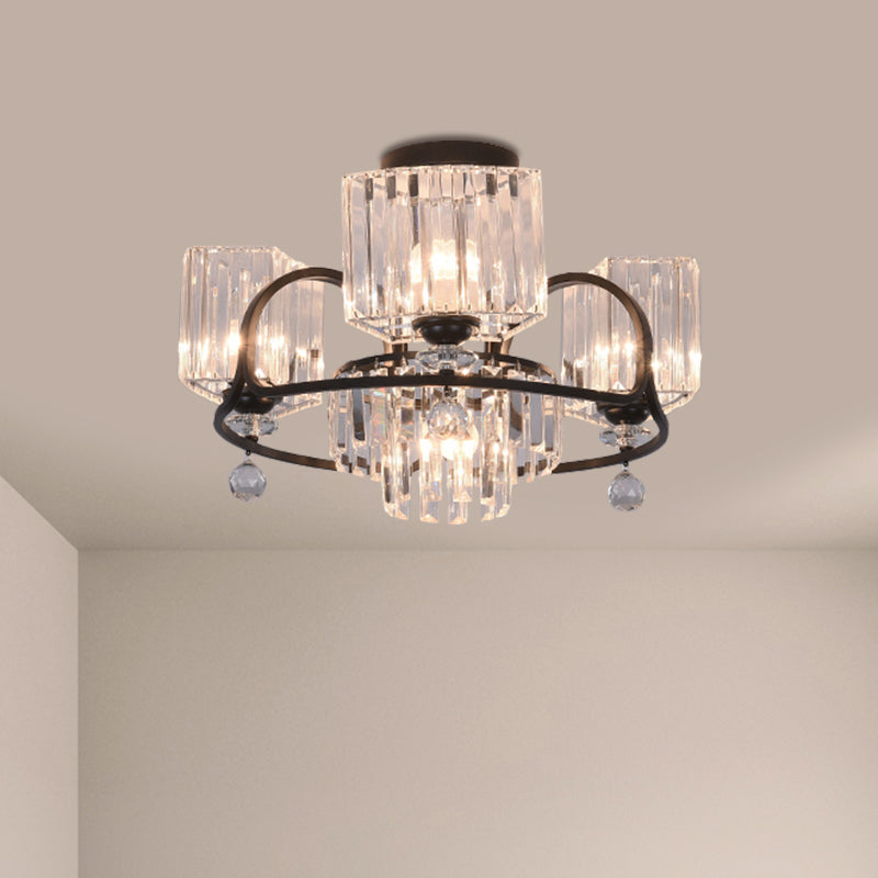 Éclairage trapézoïde cristallin Aménagement contemporain 4/8 Bulbes Dinning Room Semi Flush With Black Frame