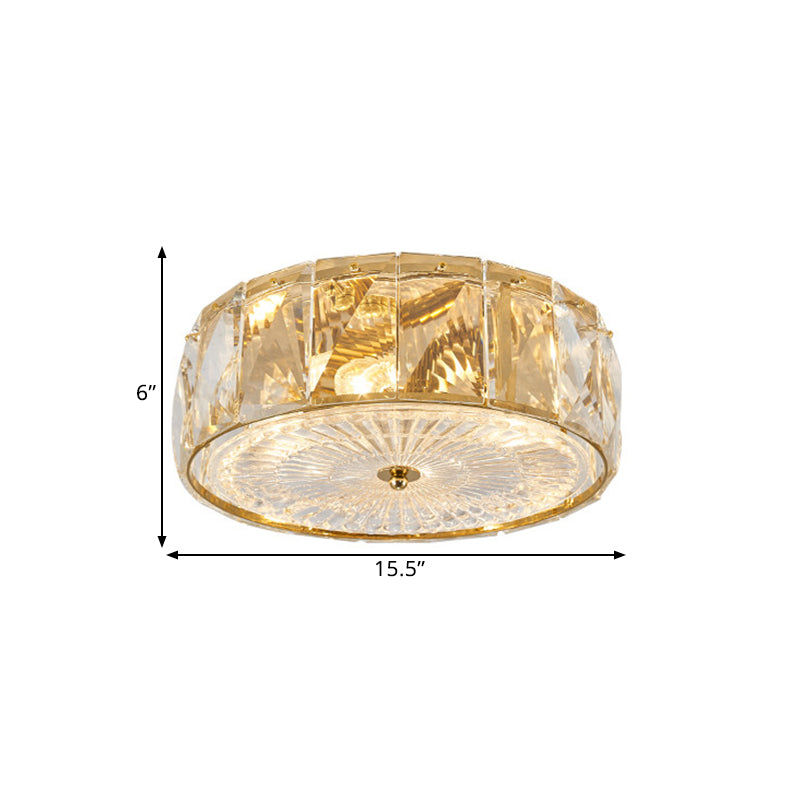 Gold LED Flush Mount Lamp Modern Faceted Crystal Panels Drum Close to Ceiling Light for Bedroom