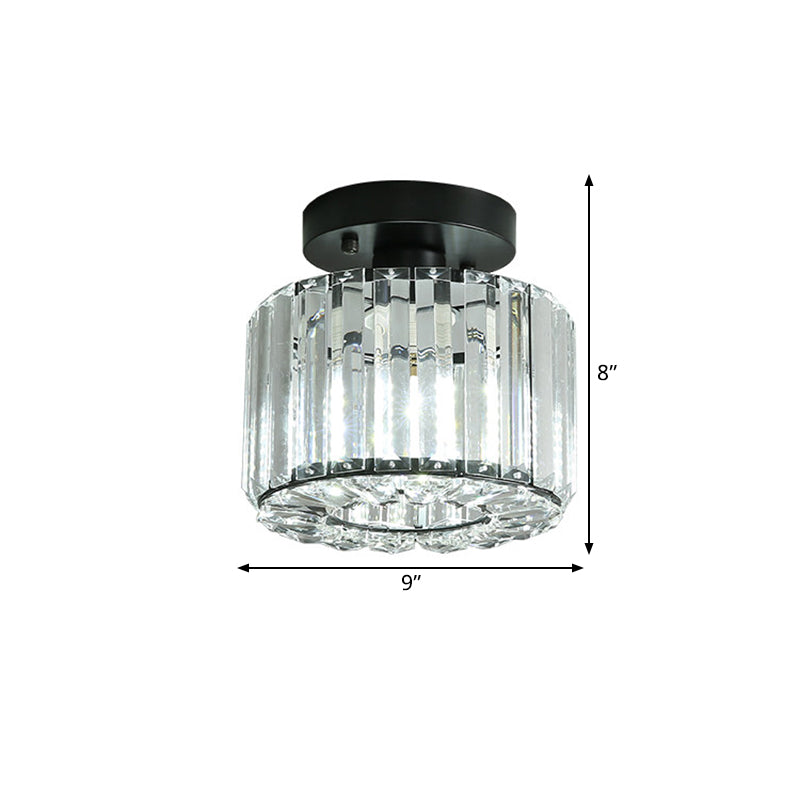 Round/Square Shade Porch Flush Light Fixture Modern Clear Faceted Crystals 1 Head Black Canopy Ceiling Lamp