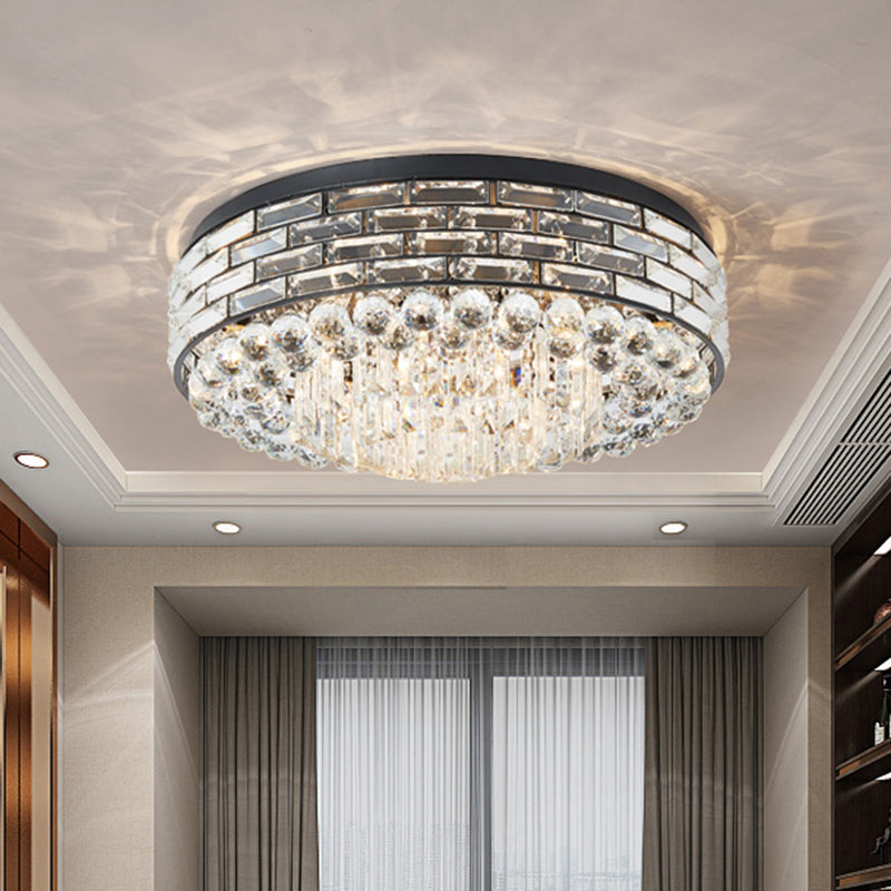 7/9 Bulbs Drum Ceiling Mounted Light Modern Black Canopy Clear Crystal Draping Flushmount Lighting, 19.5"/23.5" Wide