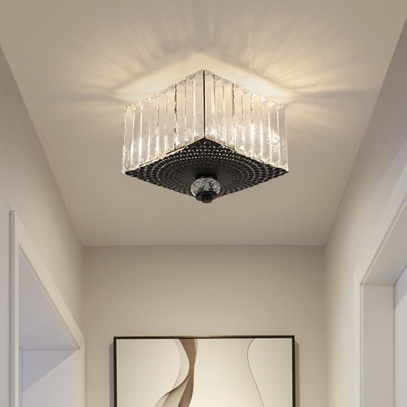 2 Heads Flush Light Fixture with Round/Square Shade Clear Crystal Modern Corridor Ceiling Mount in Black