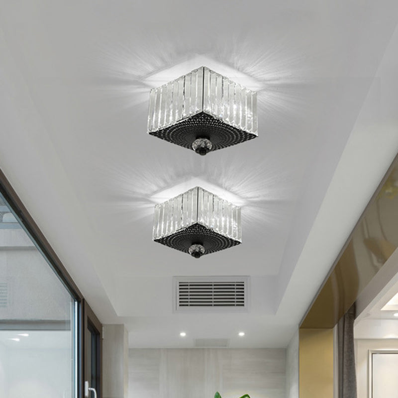 2 Heads Flush Light Fixture with Round/Square Shade Clear Crystal Modern Corridor Ceiling Mount in Black