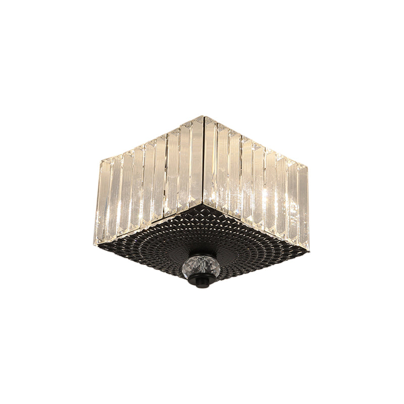 2 Heads Flush Light Fixture with Round/Square Shade Clear Crystal Modern Corridor Ceiling Mount in Black