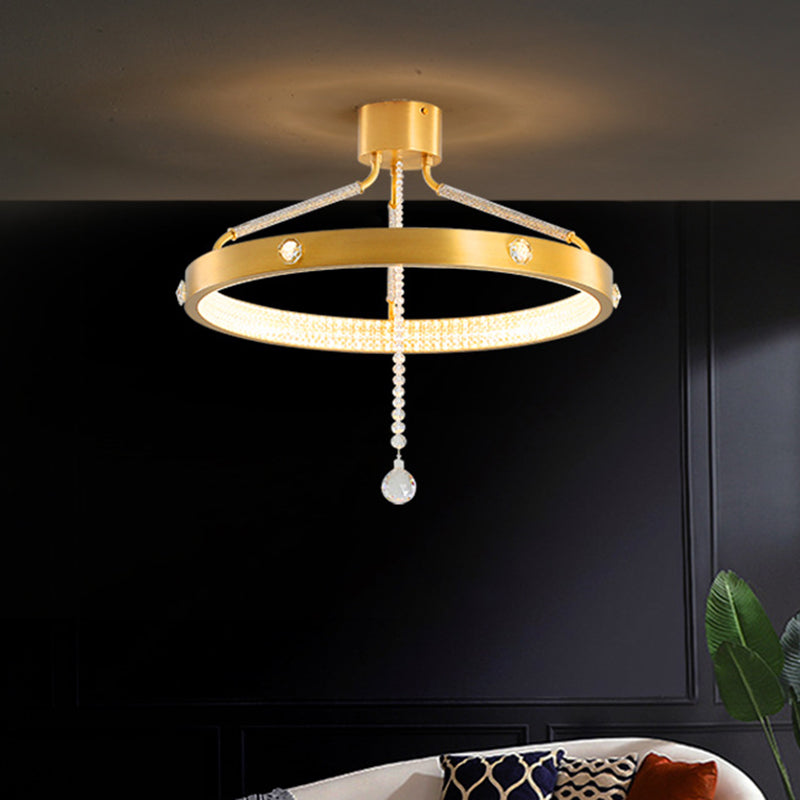 19.5"/15.5" Wide LED Semi Flush Mount Contemporary Ring Metal Ceiling Lighting in Gold with Crystal Strand