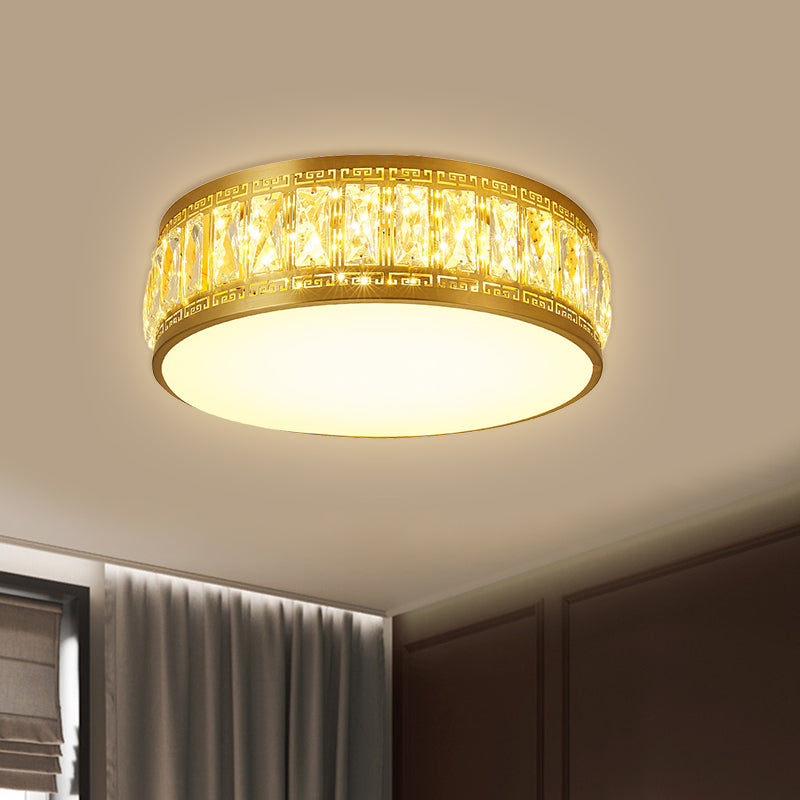 Gold Finish Drum Flush Mount Lamp Modern Clear Rectangular-Cut Crystals LED Bedchamber Light Fixture, 19.5"/23.5" Width