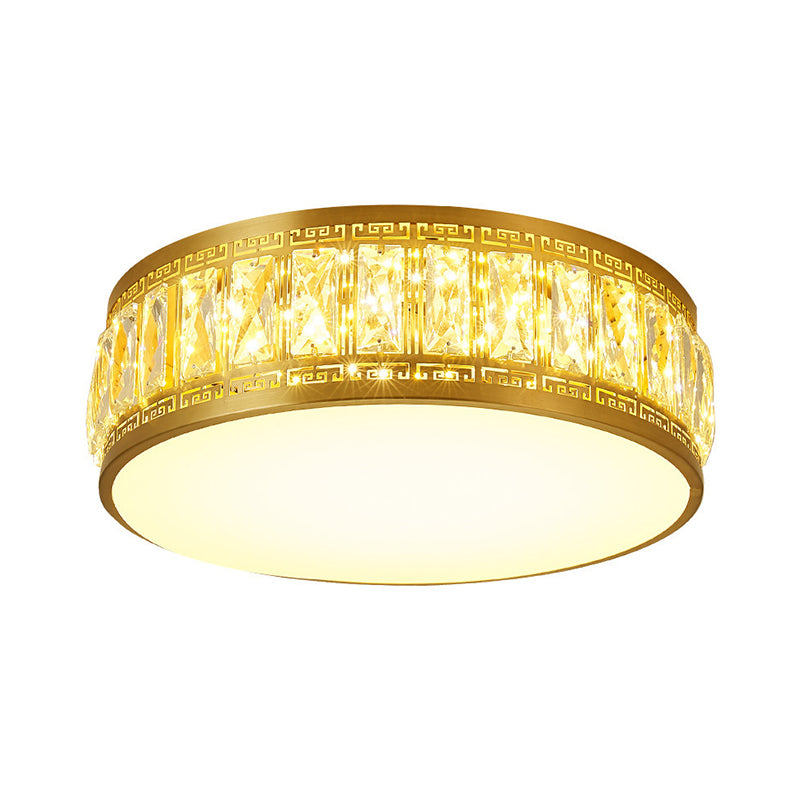 Gold Finish Drum Flush Mount Lamp Modern Clear Rectangular-Cut Crystals LED Bedchamber Light Fixture, 19.5"/23.5" Width