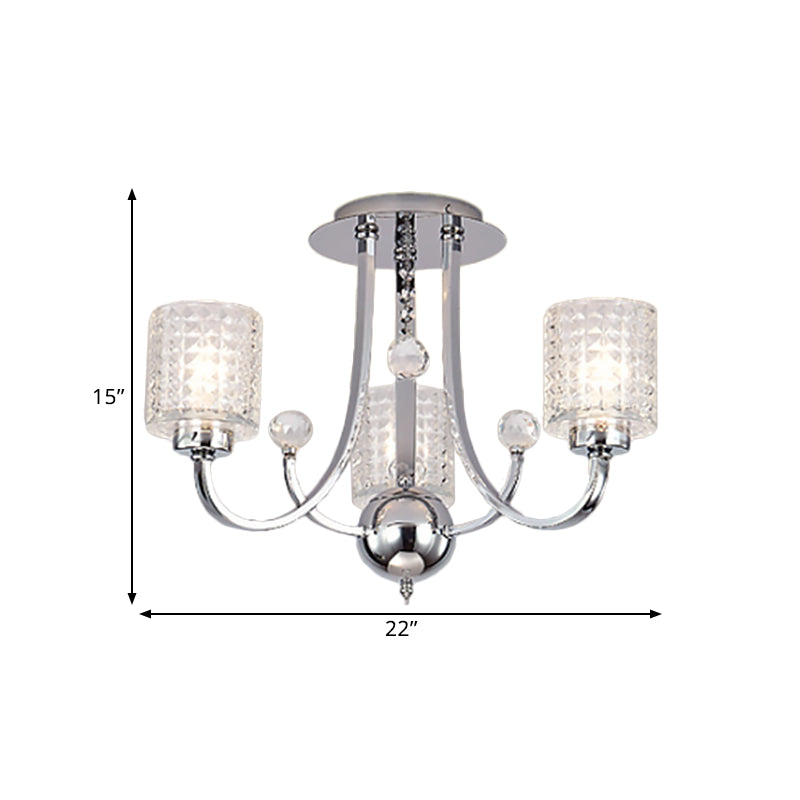 3/4/6 Bulbs Swirling Arm Semi Flush Modern Chrome Metal Ceiling Mounted Fixture with Cylinder Crystal Shade