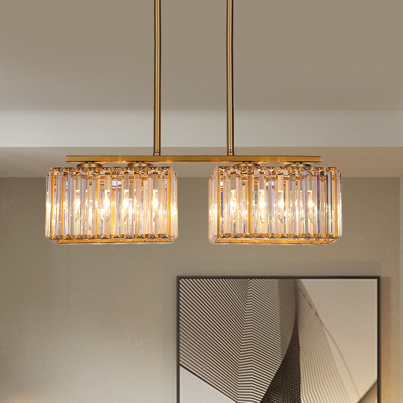 Gold 4/6/8 Bulbs Pendant Lighting Contemporary Metal Linear Island Lamp with Clear Cuboid Crystal Shade for Dinning Room
