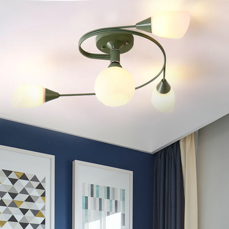 Curly Semi Flush Mount Light Nordic Fer 4/6 HEAD GREN / ROSE / JAUNE PLAFICATION AVEC BLAND D'ECVOIRE DE VERRE