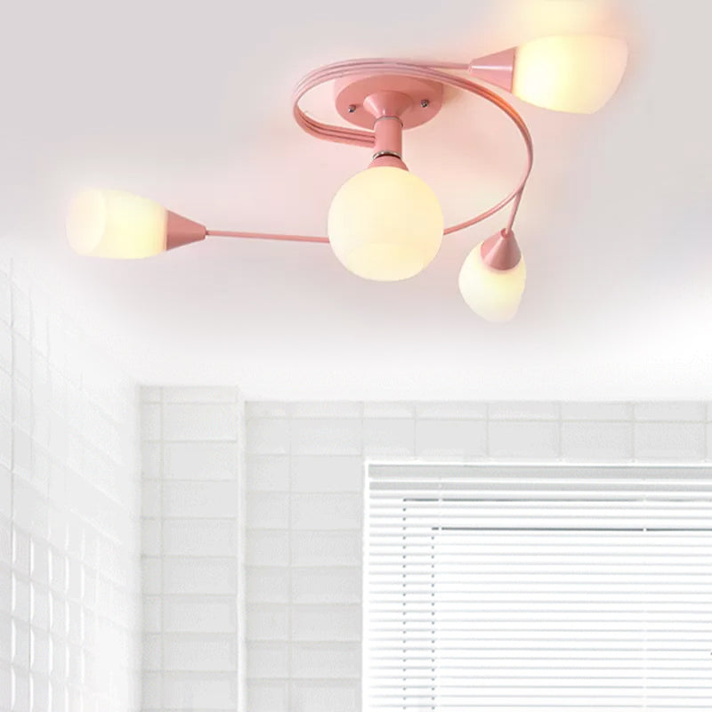Curly Semi Flush Mount Light Nordic Fer 4/6 HEAD GREN / ROSE / JAUNE PLAFICATION AVEC BLAND D'ECVOIRE DE VERRE