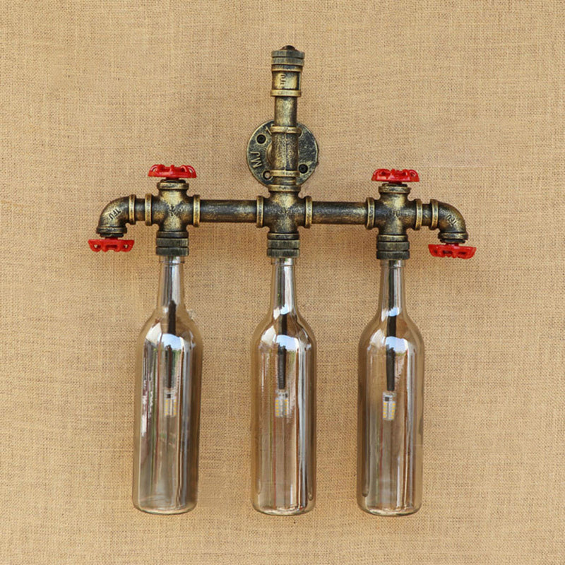 Wrought Iron Bottle Wall Light Antique 3 Lights Living Room Blue/Clear Wall Mounted Lamp with Aged Brass Pipe